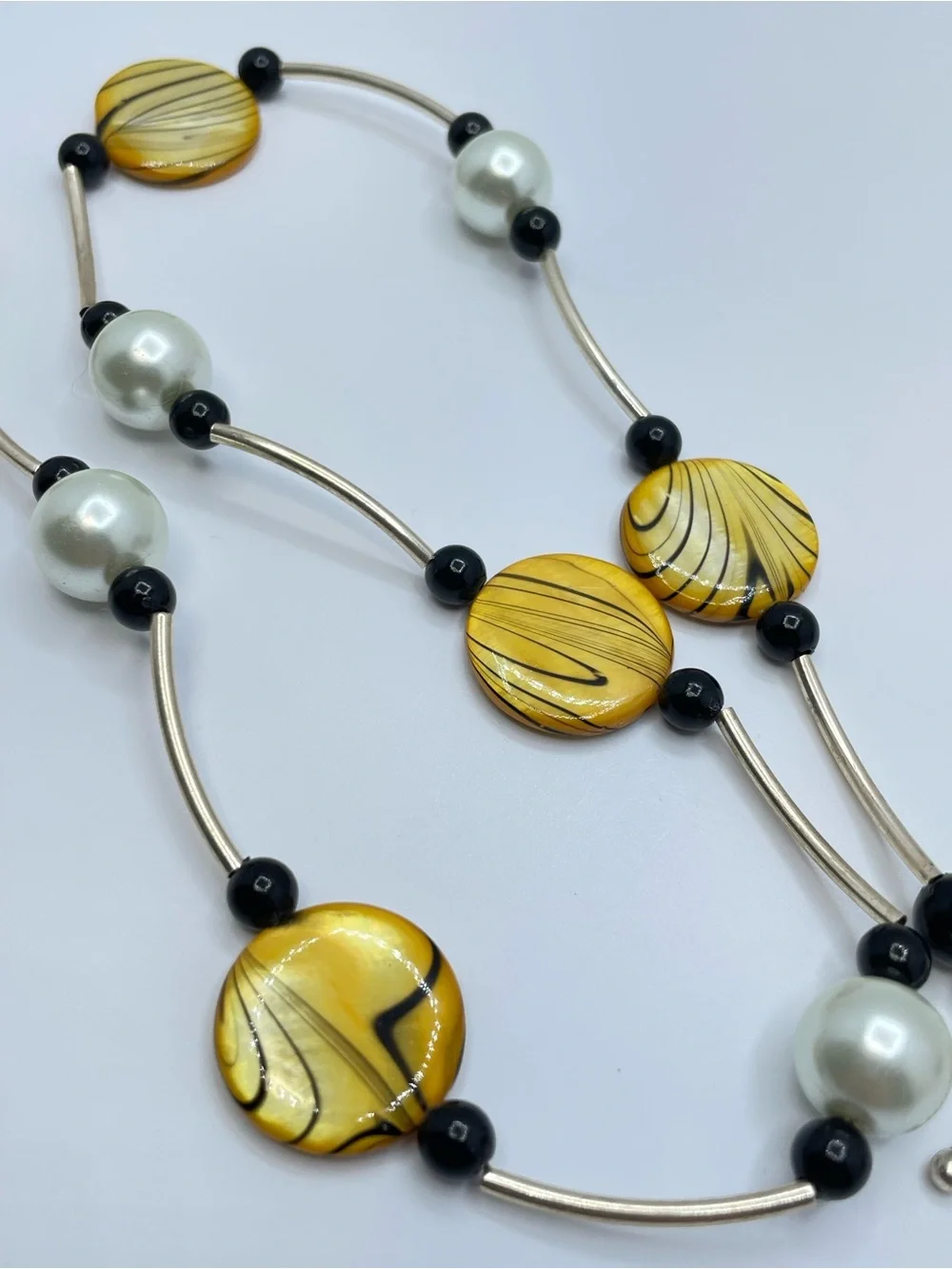 Silver Tone Beaded Necklace MOP Disc Faux Pearl Black Bead Toggle Boho